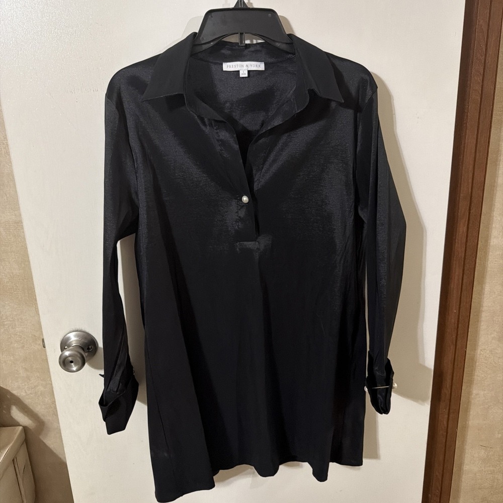 Preston & York Blouse. Black  Satin Pearl Button & Cuffed Sleeves L